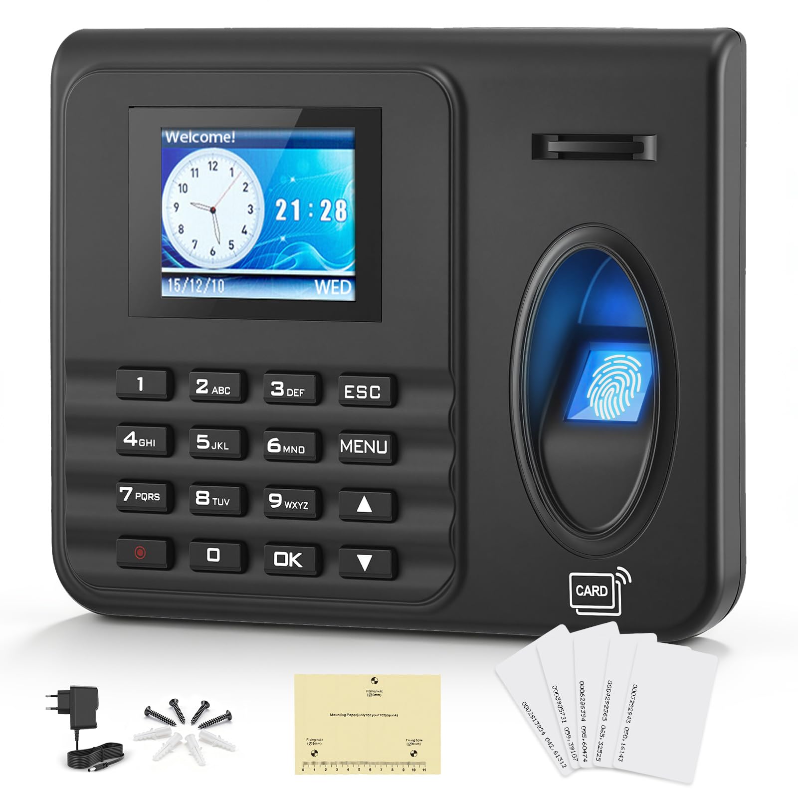 Reloj de tiempo biométrico para pequeñas empresas: sistema de danza de huellas dactilares/RFID/PIN con notificación de voz, exportación USB, montaje en pared o escritorio