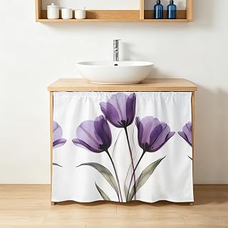 Transparent Effect Floral Cabinet Curtains for Shelves, Delicate Purple Tulip 10" W x 11" L Adhesive Cabinet Curtain with Shelf Curtain for Storage Cubes