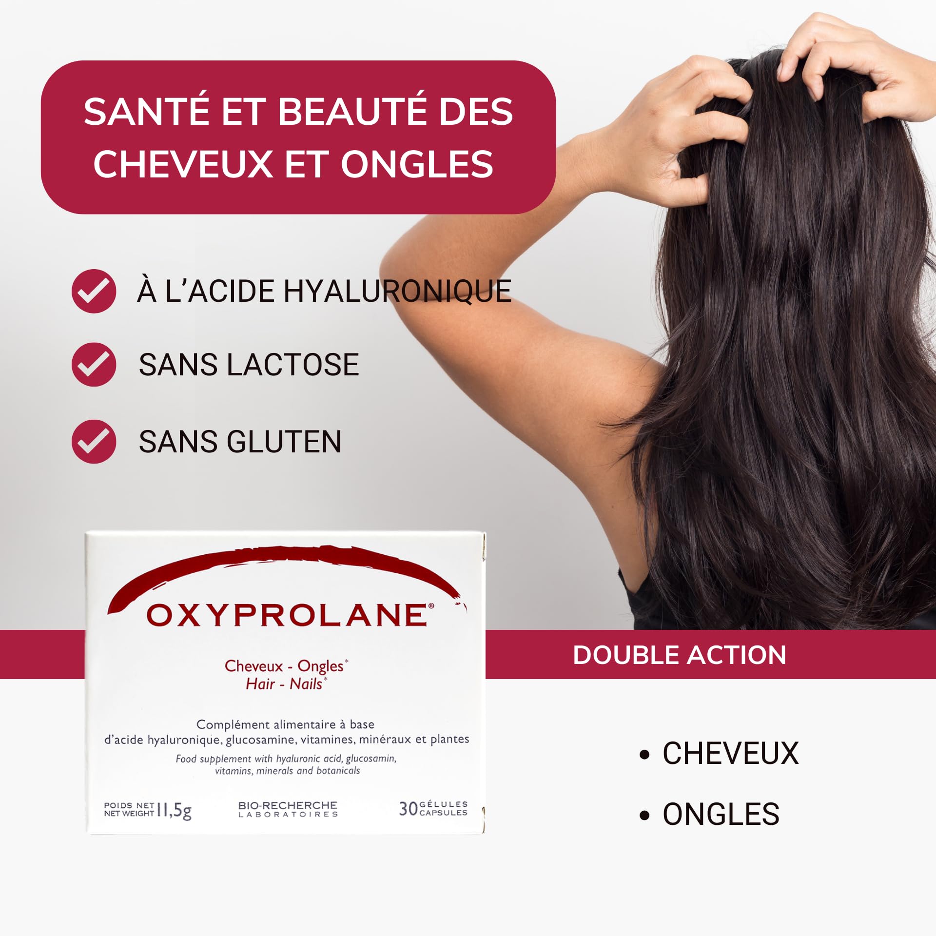 Oxyprolane® Cheveux & Ongle • Complément Alimentaire Pousse cheveux • Cure 3 mois / 90 gélules (1/j) • Biotine & Acide Hyaluronique • Fabriqué en France par BIO-RECHERCHE ®