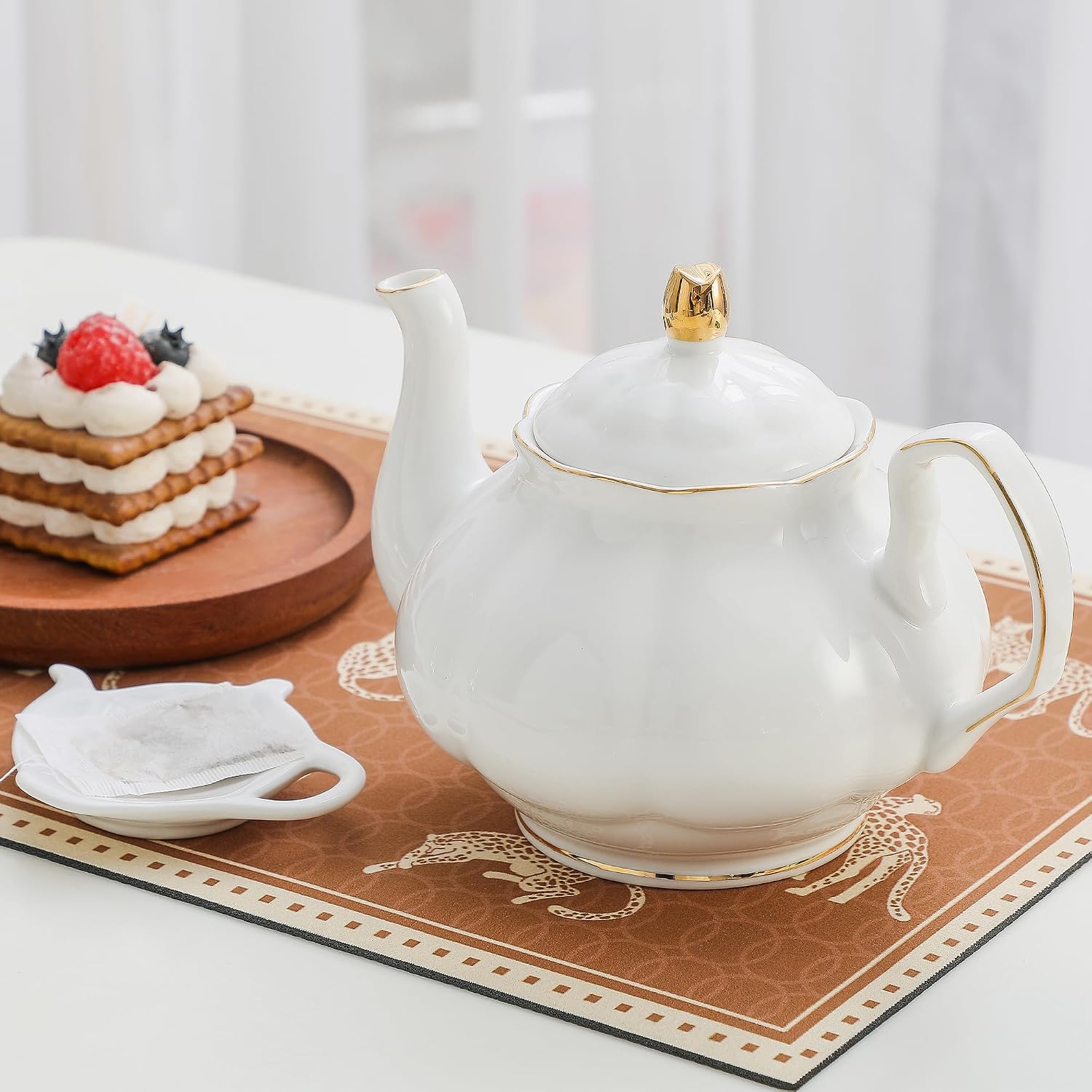 27oz White Porcelain Teapot with Gold Trim, Ceramic Teapot