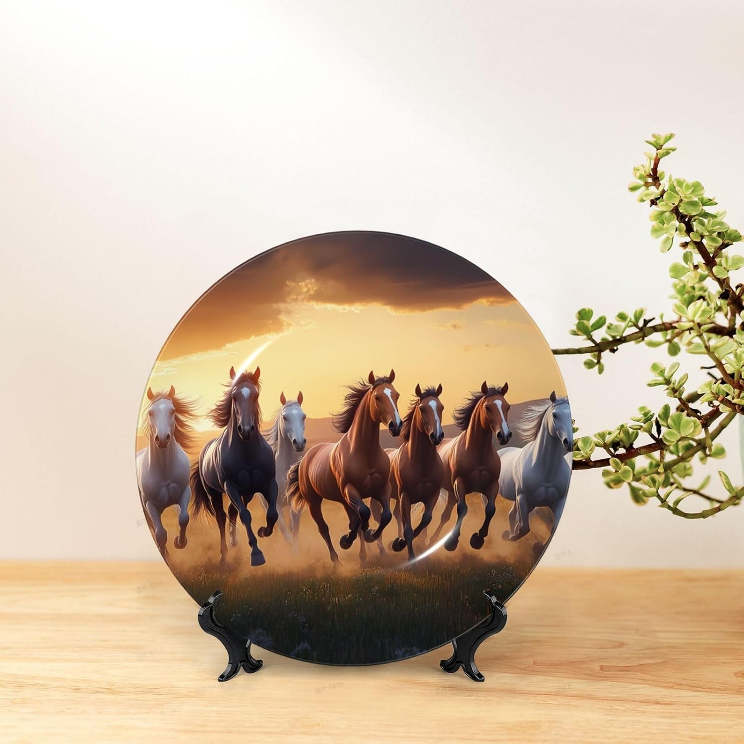 Running Horses Bone China Decorative Plate –ceramic Art Plate With Display Stand For Home, Kitchen, Wall Or Table Decor