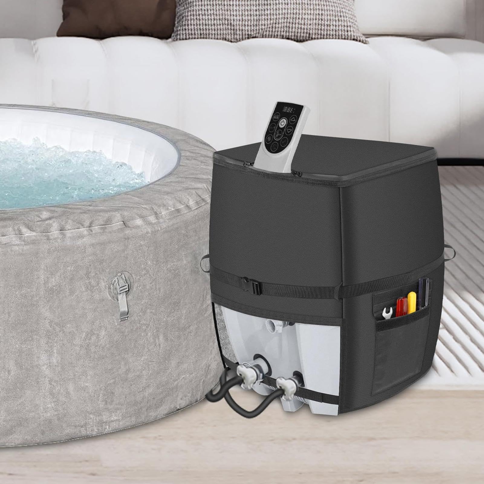Cubierta De Bomba Spa - Protector Para Calentador De Bañera 43x38x54 cm, Protección Térmica De Aluminio, Revestimiento Con Cremallera De Tela | Capas De Sistemas De Retención De Calor, Cubierta