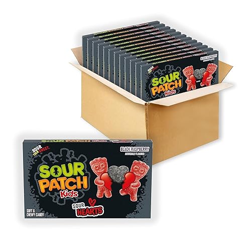 Sour Hearts - Frambuesa negra - Dulces agridulces del día de San Valentín - Caja de teatro - Paquete de 3 cajas de 3.08 onzas