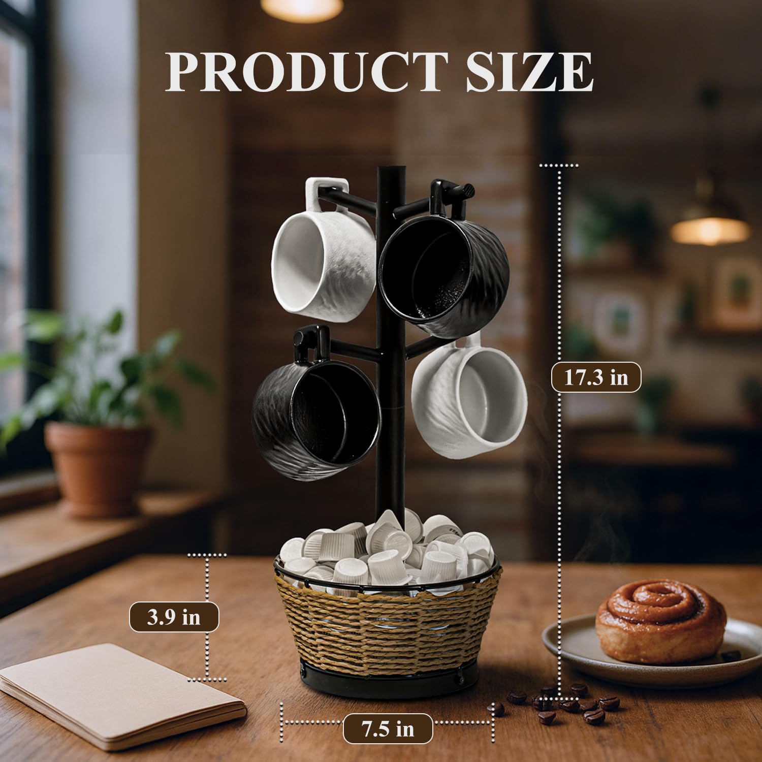 Soporte para tazas de madera con cesta tejida, 6 ganchos, soporte para tazas de café, árbol de taza de encimera para encimera de cocina, gabinete, accesorios de cafetería, organizador de exhibición de