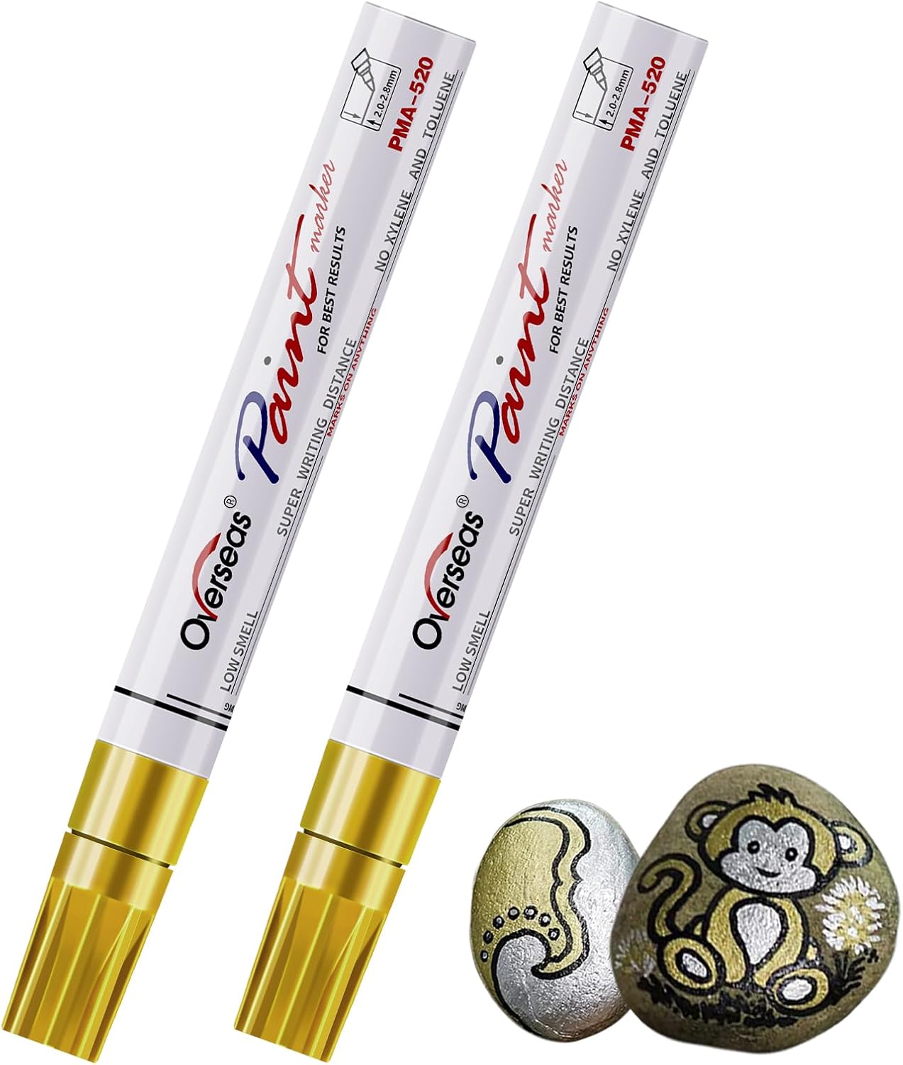 Overseas Permanent Paint Pens White Markers - 2 Pack Single color Oil Based Paint Markers, Medium Tip, Quick Drying and Waterproof Marker Pen for Metal, Rock, Wood, Plastic, Canvas, Rubber, Glass