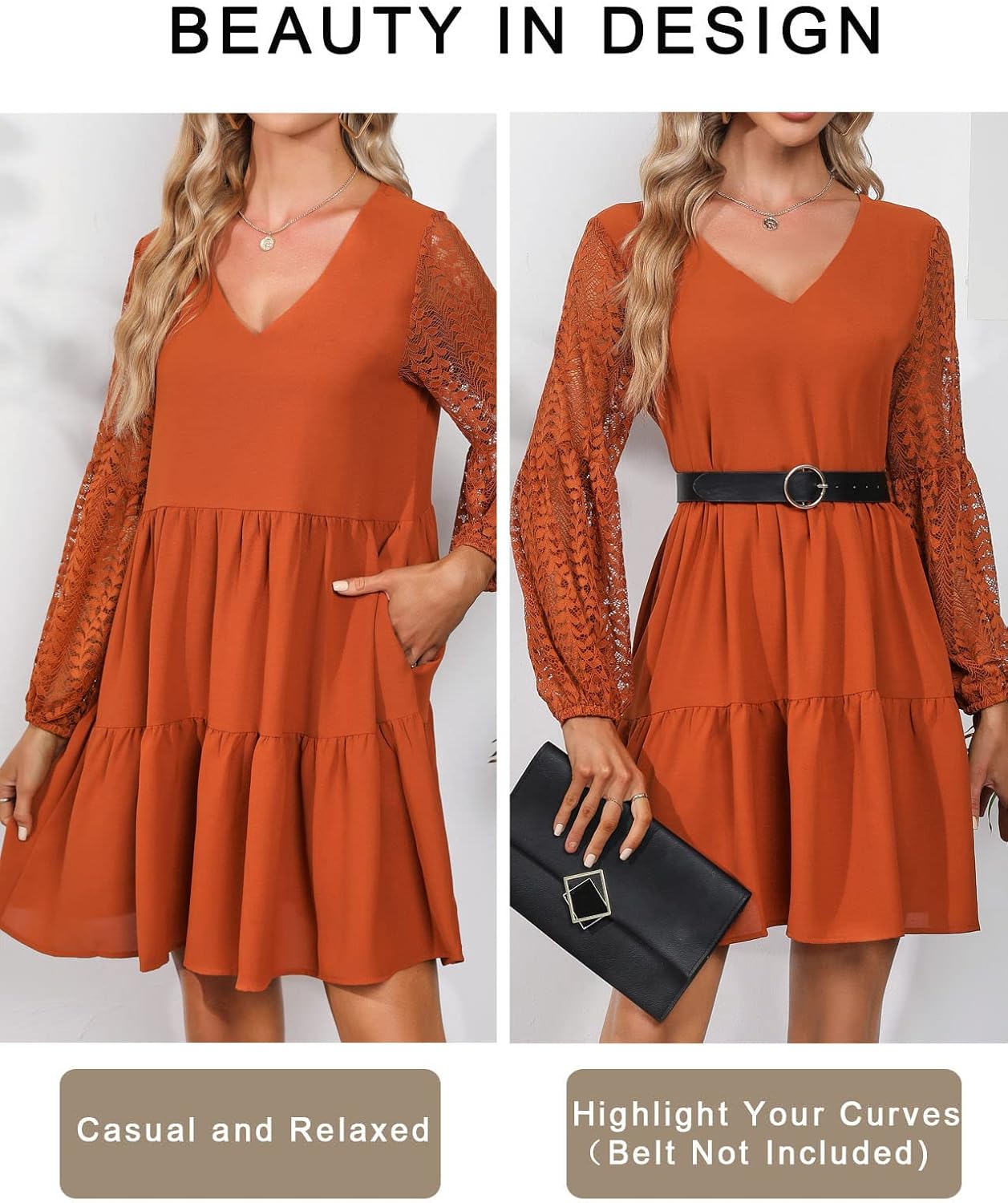 LATH.PIN Women’s 2023 Summer Dresses V Neck Lace Lantern Long Sleeves Tunic Dress Cute Shift Babydoll Dress with Pocket - Image 2