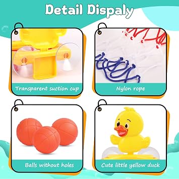 Bath Toys, Bathtub Basketball Hoop for Toddler Kids, 3 Soft No Hole Balls & Bath Basketball Hoop with Strong Suction Cup, Yellow Duck Baby Shower Bath Toys Set for Boys and Girls