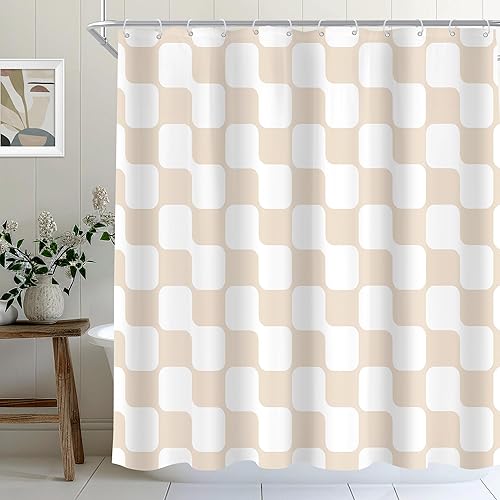 Miniatura 7 de Cinbloo Cortina de ducha retro verde salvia a cuadros de 72 pulgadas de ancho x 72 pulgadas de alto, abstracto, Y2K, lindo tablero de ajedrez beige,