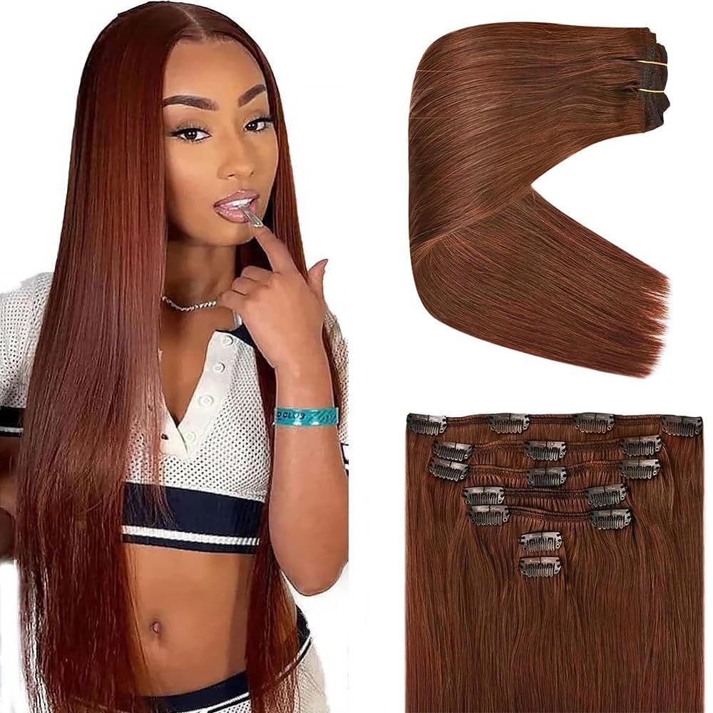 Photo 1 of #33 Auburn Brown Clip in Hair Extensions Human Hair, Copper Red Straight Remy Hair Extensions Clip ins for Women, 12 Inch 120g 7Pcs,Reddish Brown Human Hair Extension