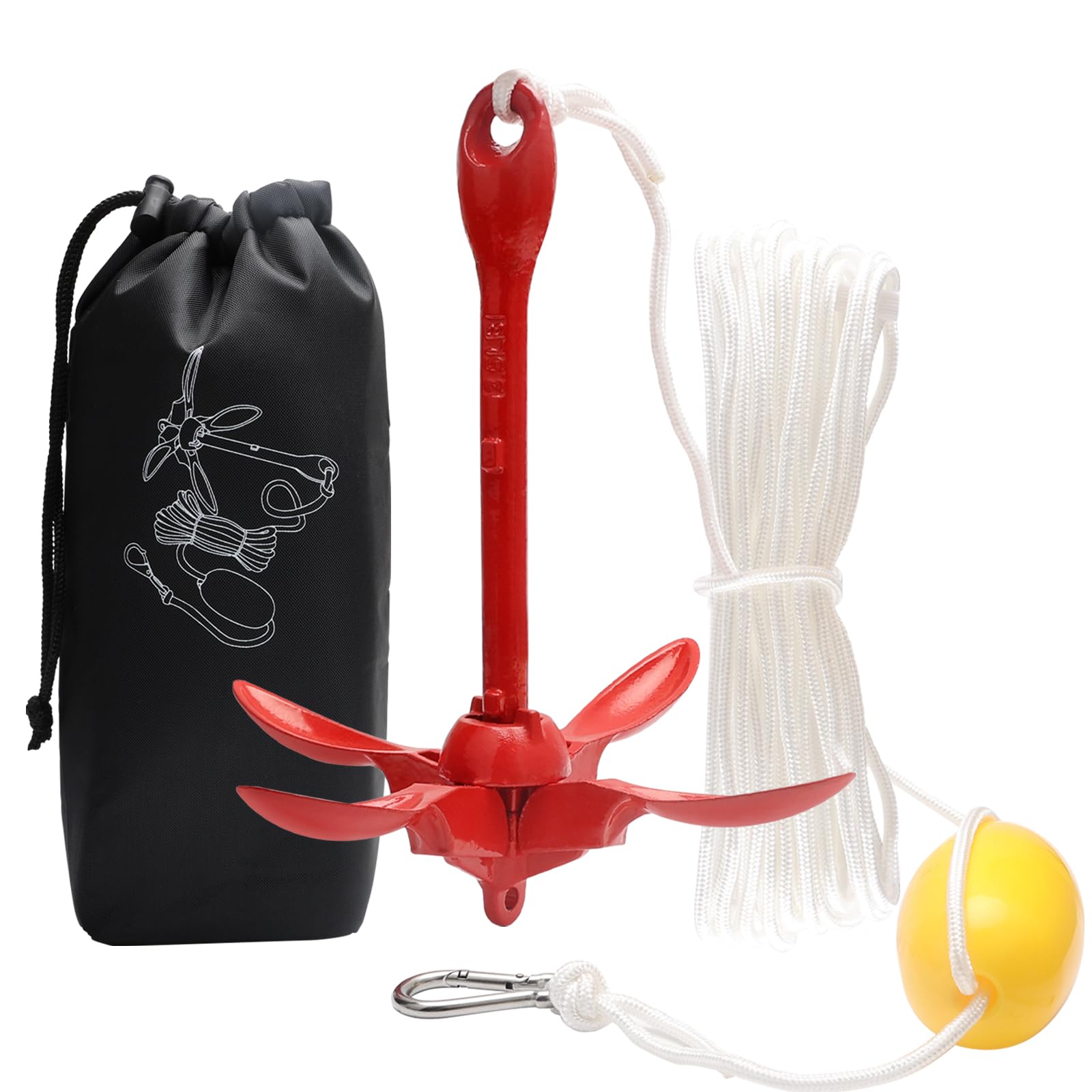Zestaw kotwic do łodzi, kajaków, desek SUP i skuterów wodnych, składana kotwica z kotwicą 12 m, torba do przenoszenia 1,6 kg, czerwona