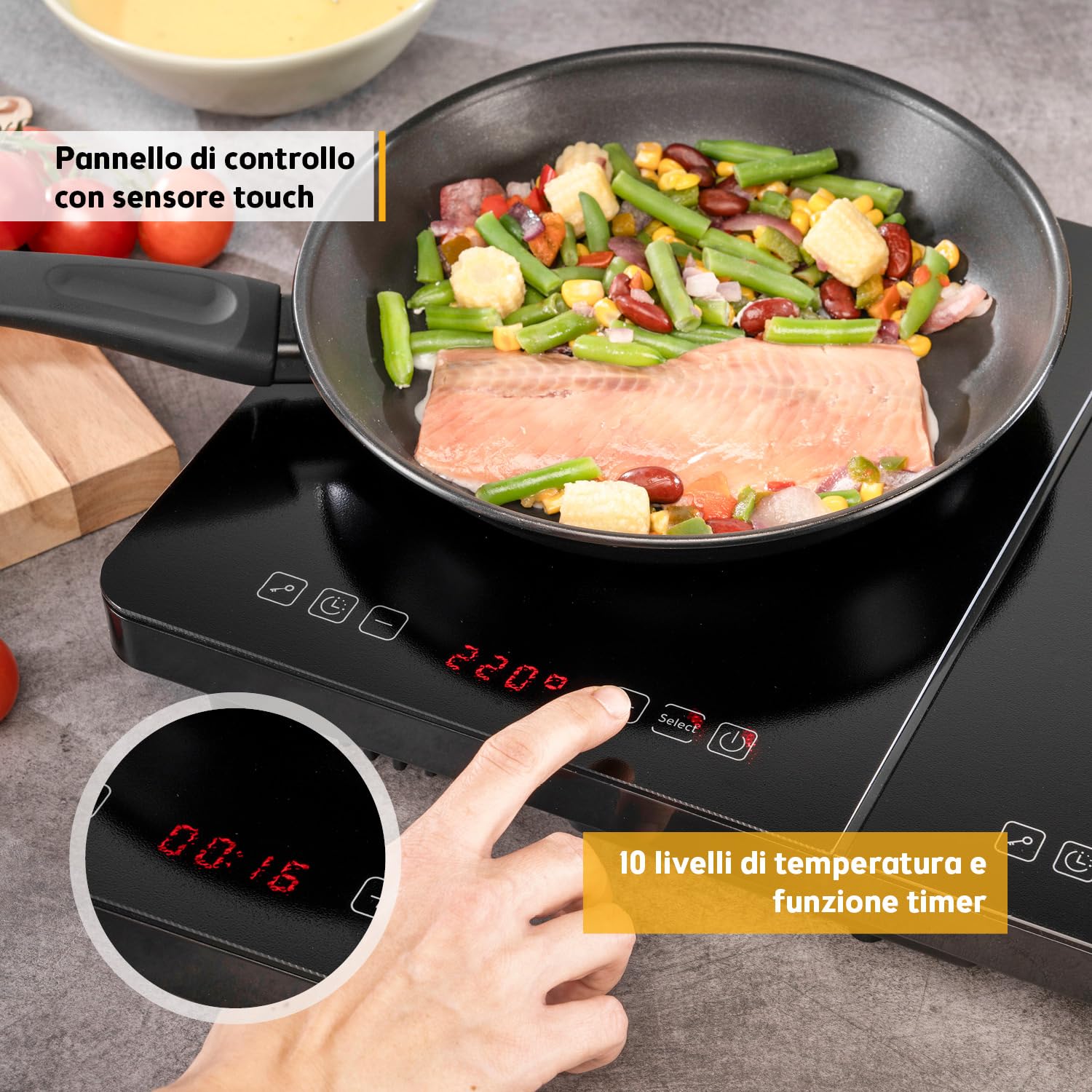 TZS First Austria - Piastra a induzione doppia 3500W - Piano cottura vetroceramica 2 fuochi - 10 livelli di potenza, timer, blocco bambini, LED, comandi touch, protezione surriscaldamento - portatile