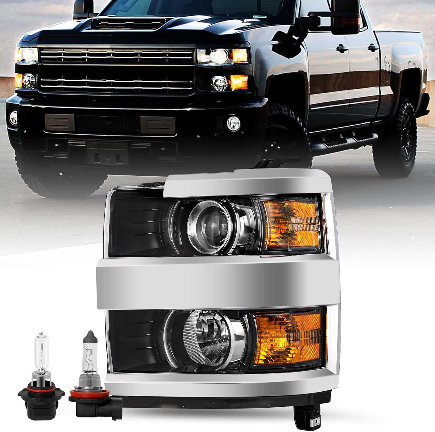 SOCKIR Headlight Assembly Fit for 2015 to 2019 Chevy Silverado 2500HD 3500HD Projector Halogen Factory Headlamp Left Driver Side Bulbs Included
