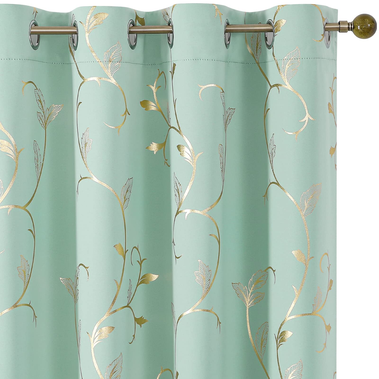 BUHUA Blackout Curtains Gold Foil Print Flower Vine Grommet Drapes, Room Darkening Thermal Insulated Curtains, Noise Reducing Curtain for Bedroom,