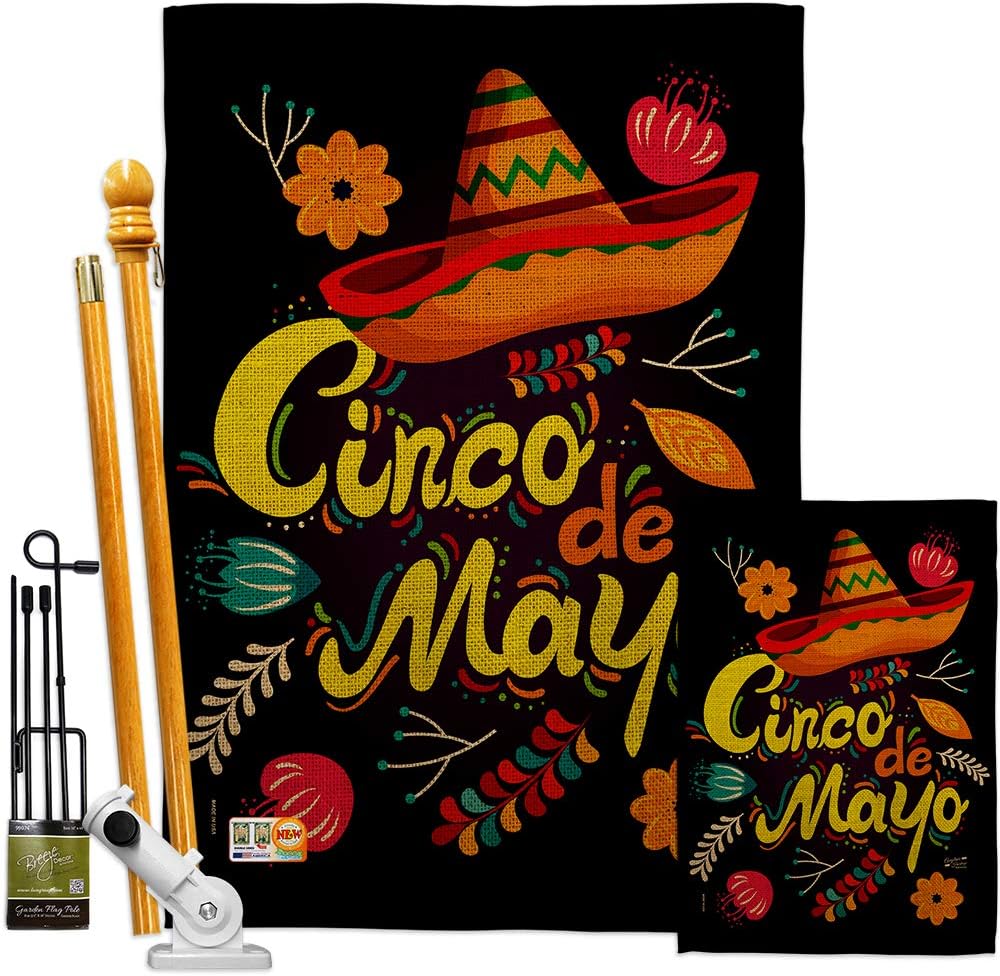 Sombrero Cinco De Mayo House Flag Dowel Set Summertime Party Cactus Pinata Mexican Fiesta Outdoor Small Decorative Gift Yard Banner Made In USA 28 X 40