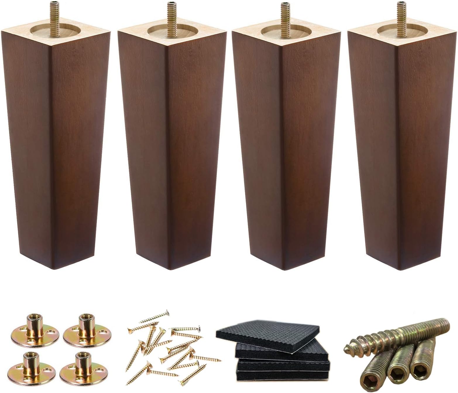 SHANJUE 8 Inch Wood Furniture Legs Set of 4, Square Rubberwood Replacement Sofa Legs with 5/16" & M8 Bolts for US Sectionals and European Beds, Heavy Duty Brown Couch Feet