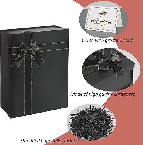Miniatura 3 de Eerbaier Caja de regalo grande con tapa de 13 x 9.9 x 5 pulgadas, caja de regalo negra con fila de cinta, tarjeta y relleno de papel triturado, caja
