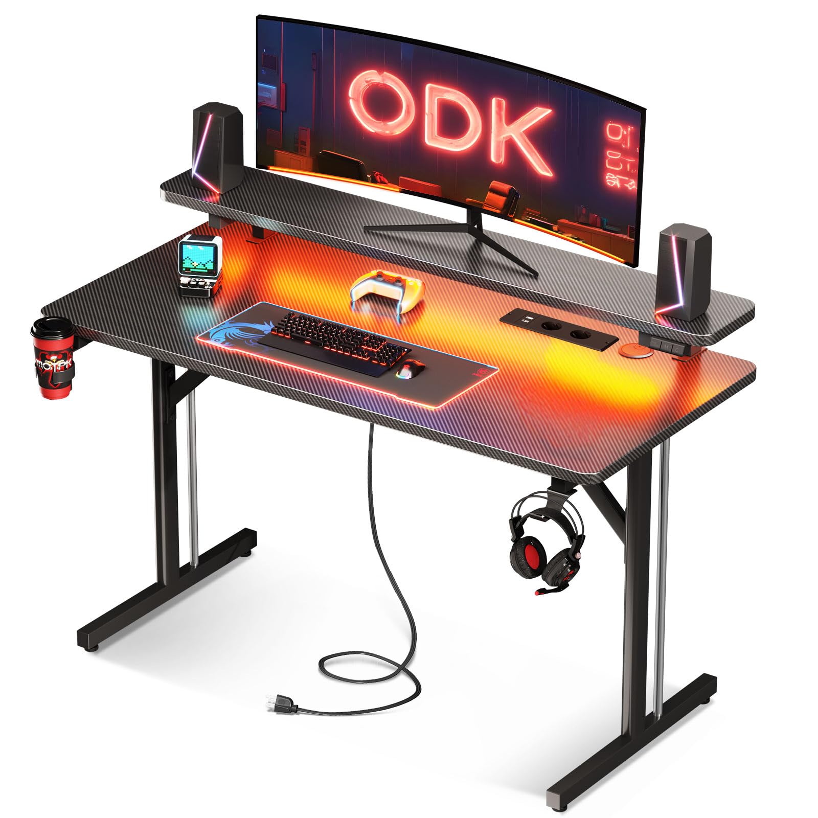 ODK Mesa Gaming, Escritorio Gaming con Luces LED y Tomas de Corriente, Mesa Gamer con Estante para Monitor, Mesa Escritorio Ordenador Fibra de Carbono Negro 100 cm