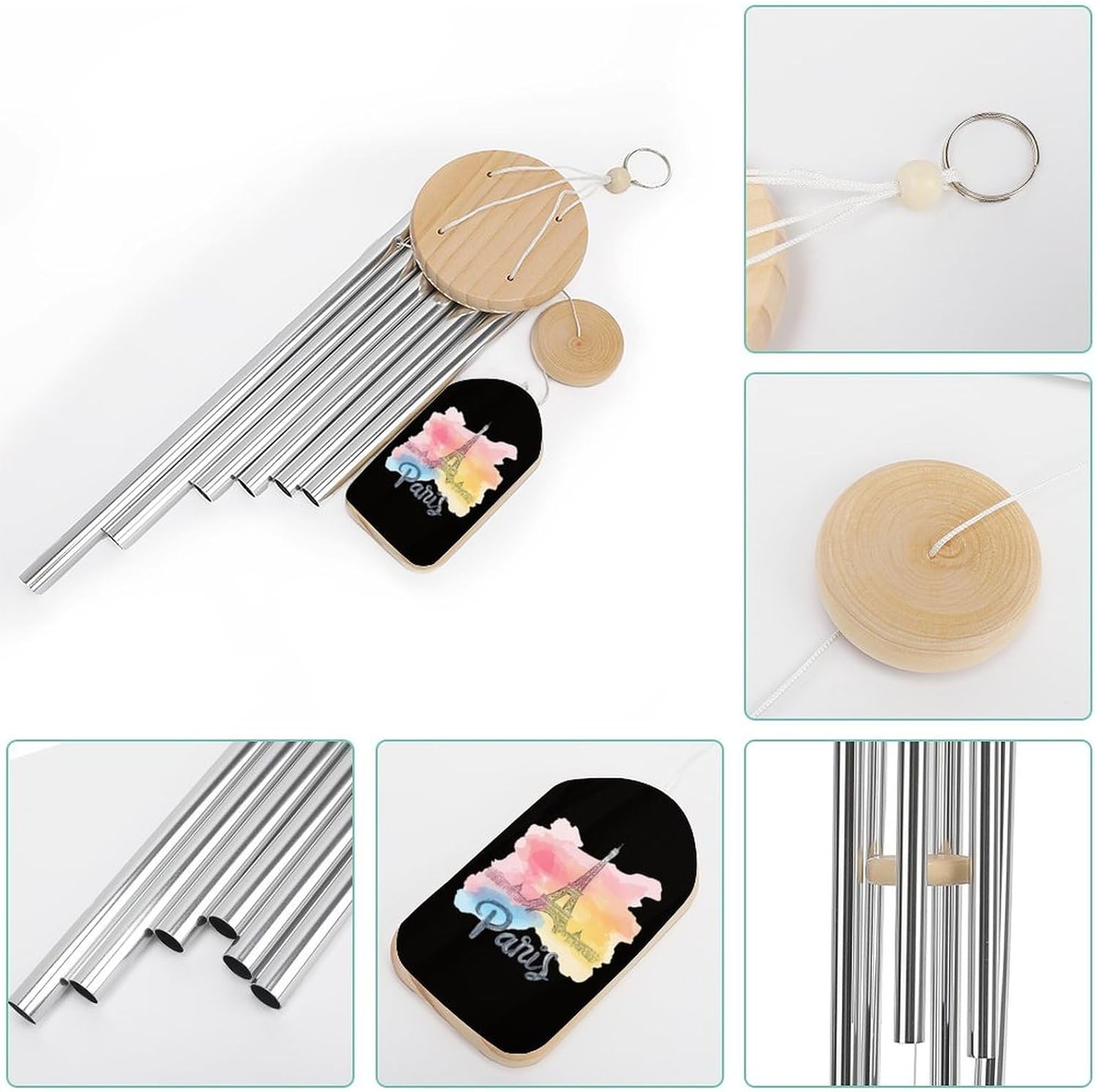 Vintage Paris Eiffel Tower Wooden Wind Chimes Deep Tone Memorial Windchime for Outside Garden Home Decoration