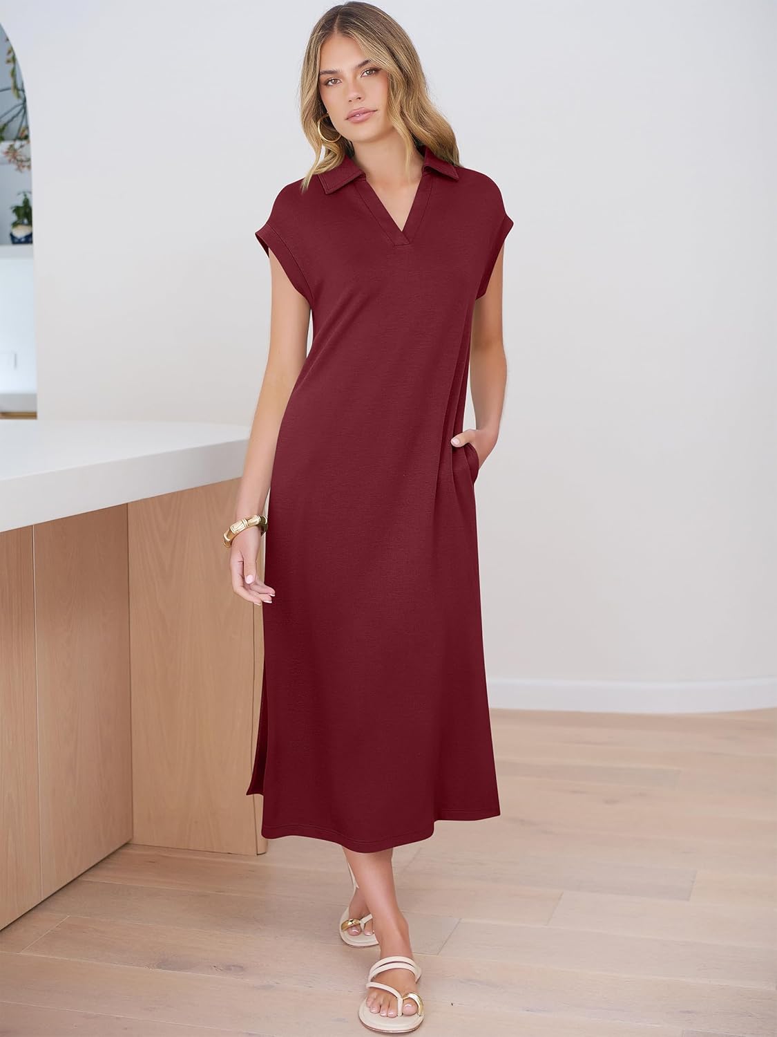 ANRABESS Womens Summer Casual Midi Dresses Short Sleeve Polo V Neck Loose Split Wrinkle-Free Beach Vacation Tshirt Maxi Dress - Image 6