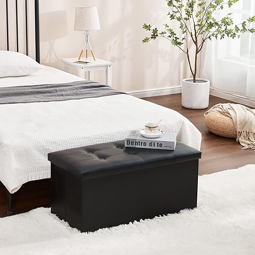 Vista 4 de Cpintltr Banco otomano plegable de piel otomana de 30 pulgadas, taburete tapizado para dormitorio, reposapiés con almacenamiento oculto para sala