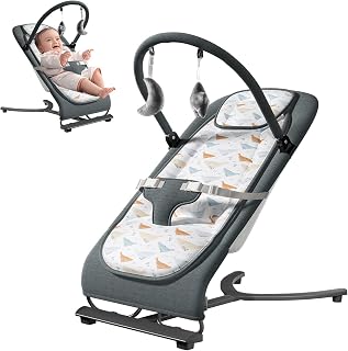 Baby Bouncer, Foldable Baby Rocker & Stationary Seat with 3-Point Safety Harness, Removable Fabric Cover & Plush Toys, Portable Bouncer for Newborns Baby 0-6 Months (Grey)