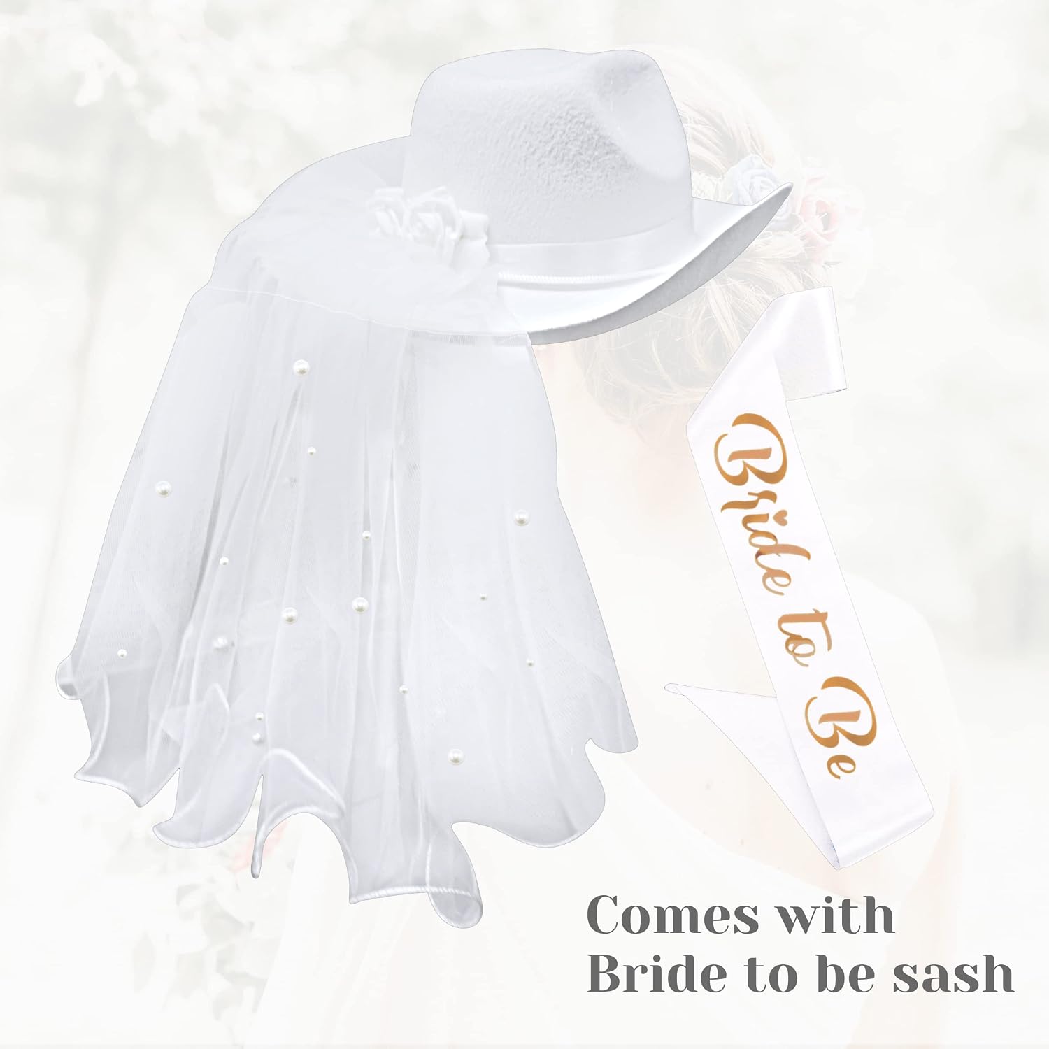 4E's Novelty Bride Cowgirl Hat with Veil & Sash - Women White Cowboy Hat Bachelorette Party, Bridal Shower Dress Up
