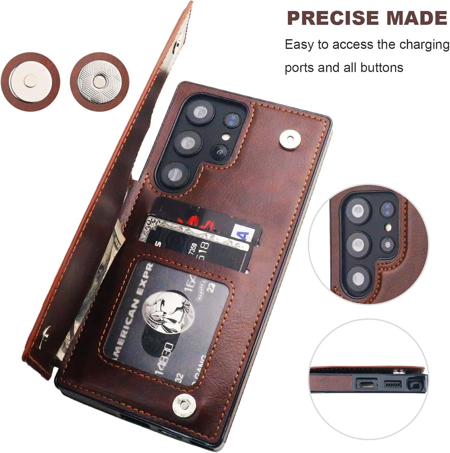 ONETOP Compatible with Samsung Galaxy S23 Ultra Wallet Case with Card Holder, PU Leather Kickstand Card Slots Case, Double Magnetic Clasp and Durable Shockproof Cover 5G 6.8 Inch(Brown)