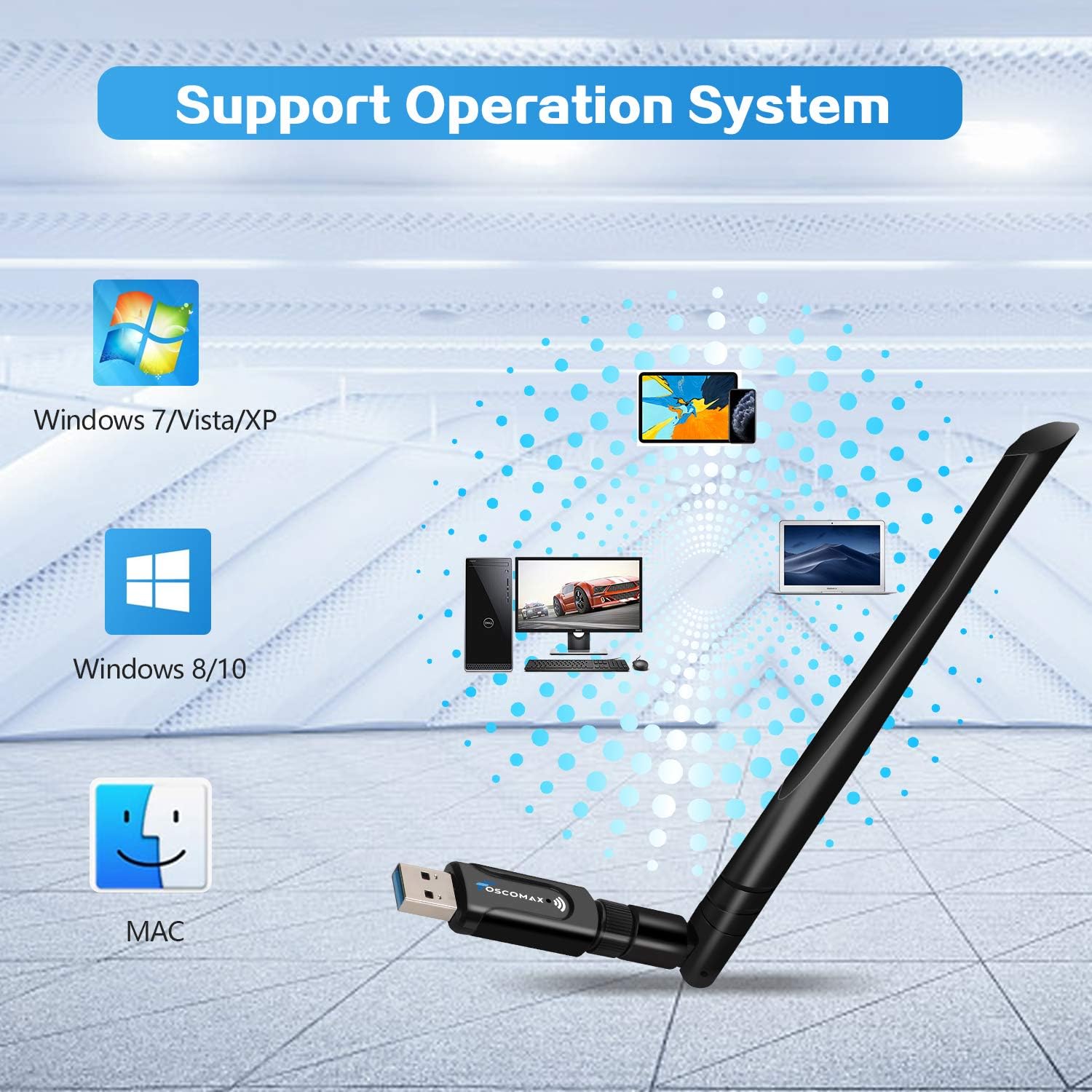 Foscomax WiFi Adapter, 1200Mbps USB 3.0 WiFi Dongle Dual Band 5.8GHz/2.4GHz Wireless Network Adapter with 5dBi Antenna for PC/Desktop/Laptop Support Win 10/8/7/Vista/XP Mac OS 10.6-10.15