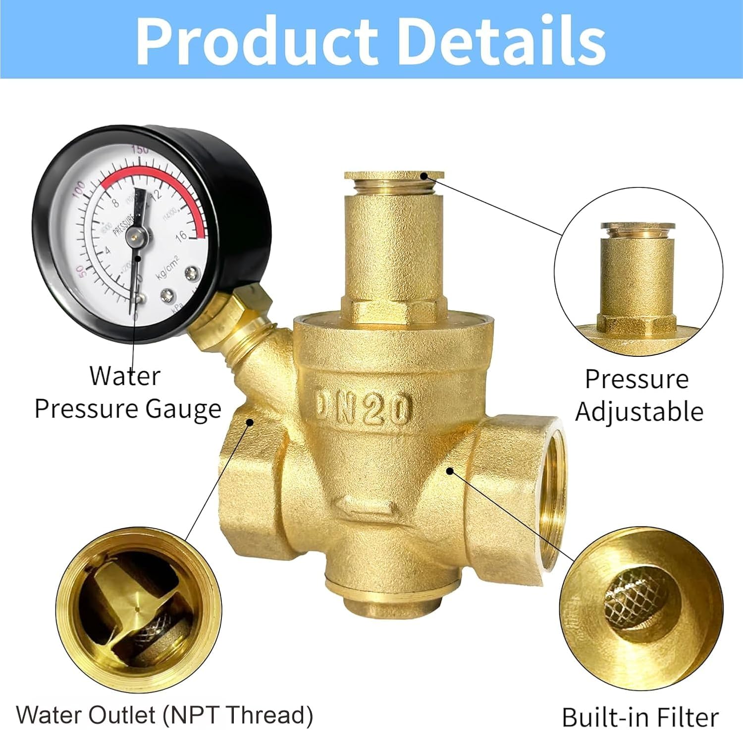 Water Pressure Regulator, 3/4 Inch NPT Thread DN20, Heavy Duty Brass Lead-free BPA-free, with Gauge for Home