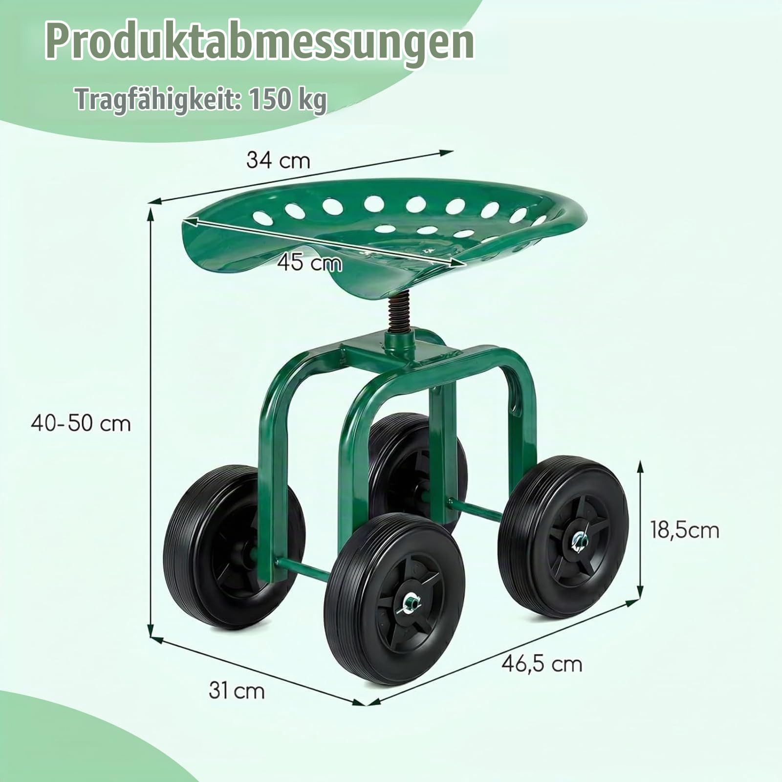 SOARS Rollsitz für Gartenarbeit, Gartensitz 360°drehbar & höhenverstellbar 40-50cm, Arbeitssitz bis 150 kg belastbar, Gartenrollsitz mit breiter Sitzfläche, für Gartenarbeit & Autopflege