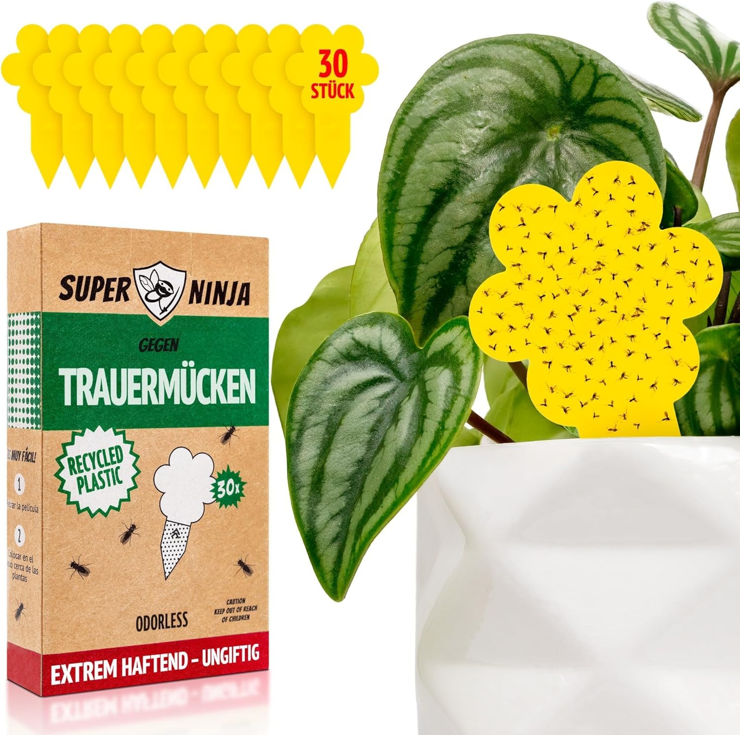 Super Ninja hochwirksame Gelbtafeln für Trauermücken Bekämpfen 30er-Pack – Gelbsticker für Pflanzen - Kinder- und haustierfreundlich - 3 Monate verwendbar