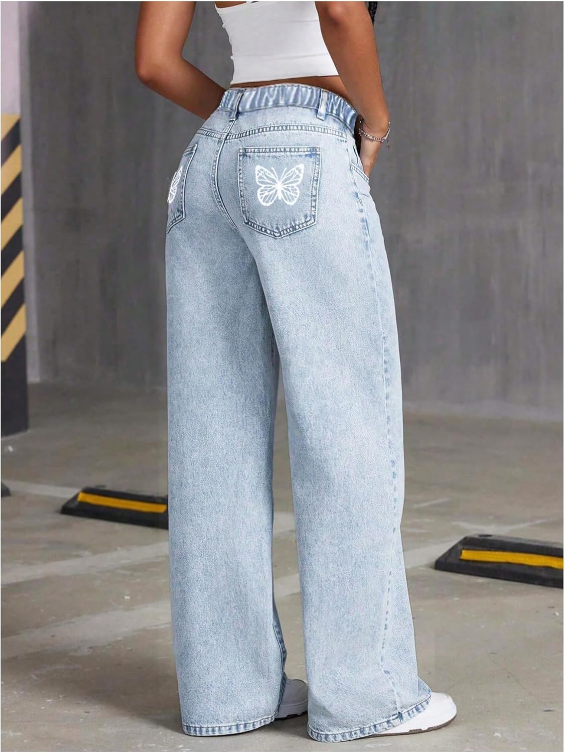 WDIRARA Girl's Butterfly Print Baggy Jeans Straight Leg Denim Pants Streetwear - Image 2