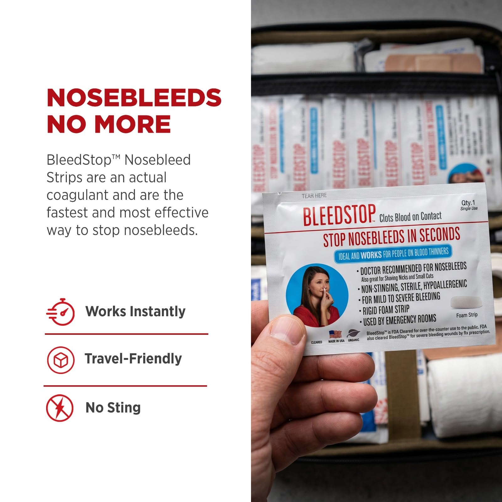 BleedStop Tiras nasales – Insertos de espuma coagulante de sangre de acción rápida – Ayuda a coagular la sangre al contacto – Estéril no pica, hipoalergénico para hemorragias nasales leves a pesadas