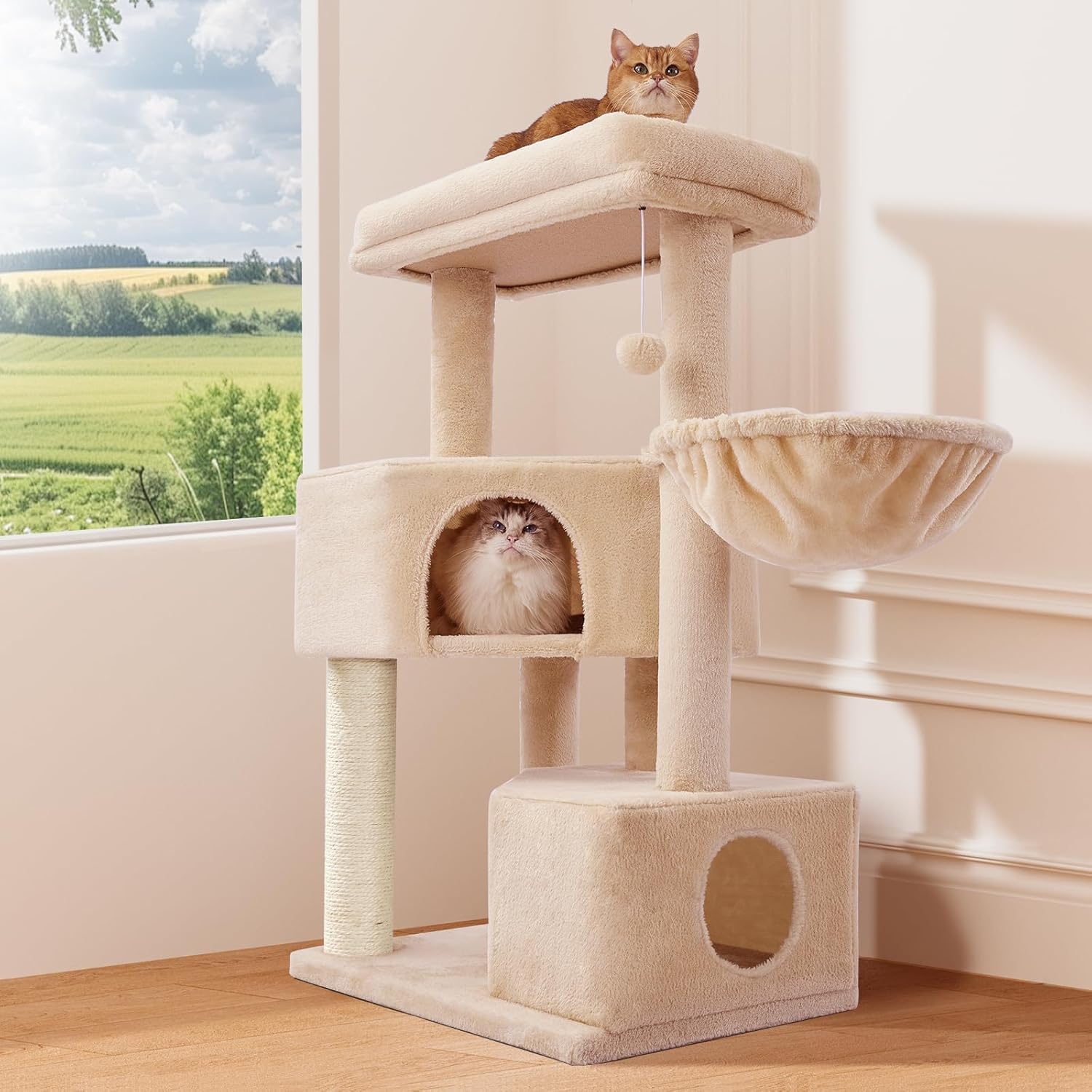Gardner Pet Katzenbaum, Kratzbaum gro, 105 cm Kletterbaum  Aktivittskratzbaum mit Kratzsule, Plattform, 2 Hhlen, Korb fr Katzen,  platzsparende Katzenmbel fr Wohnungen, Beige : Amazon.de: Haustier