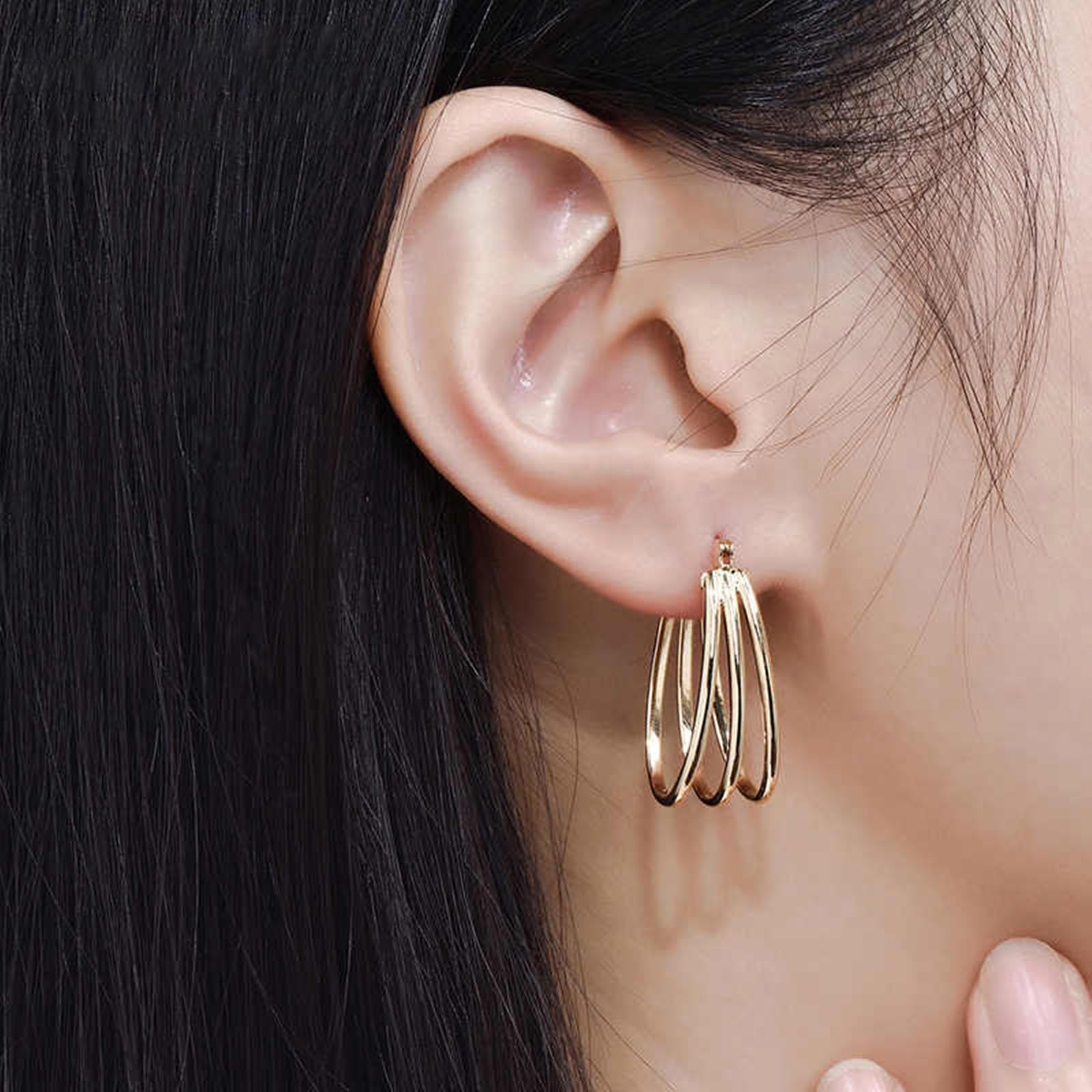 Pendientes para mujer, oro amarillo dorado, tres anillos, aretes de aro pequeños para mujer