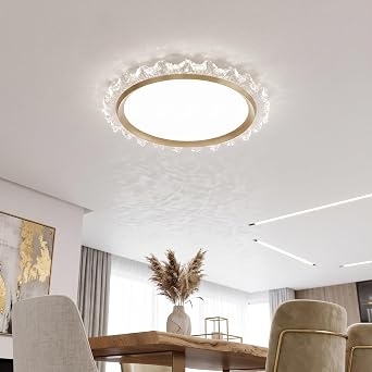 Ceiling Light Flush Mount Crystal Dimmable LED Modern Close to Ceiling Light for Bedroom Kitchen Bathroom Closet Foyer, Round Dia 19.7 Inch Gold, 19.7in/50cm