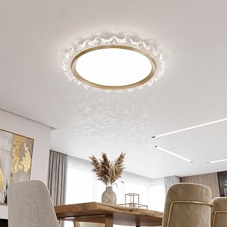 Ceiling Light Flush Mount Crystal Dimmable LED Modern Close to Ceiling Light for Bedroom Kitchen Bathroom Closet Foyer, Round Dia 19.7 Inch (Gold, 19.7in/50cm)