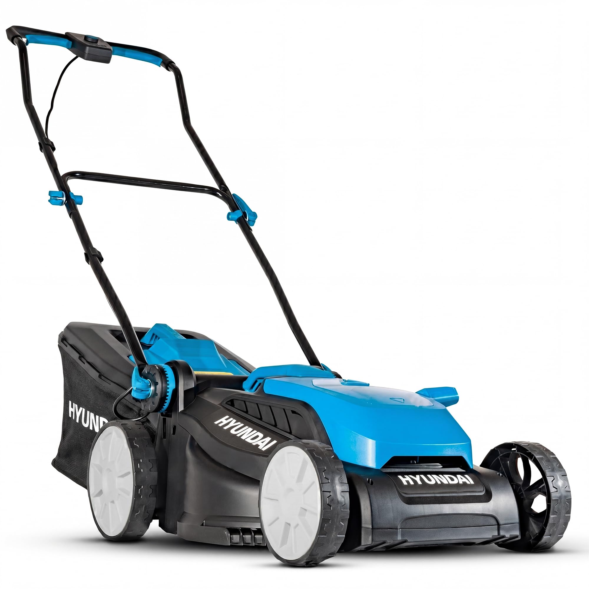 Hyundai Cortacésped inalámbrico de 38 cm, 40 V (2 x 20 V), Motor sin escobillas, 50 Minutos de Tiempo de Funcionamiento, 5 Alturas de Corte de 20 a 65 mm, Caja de césped de 36 L, 2 baterías de 4.0 Ah