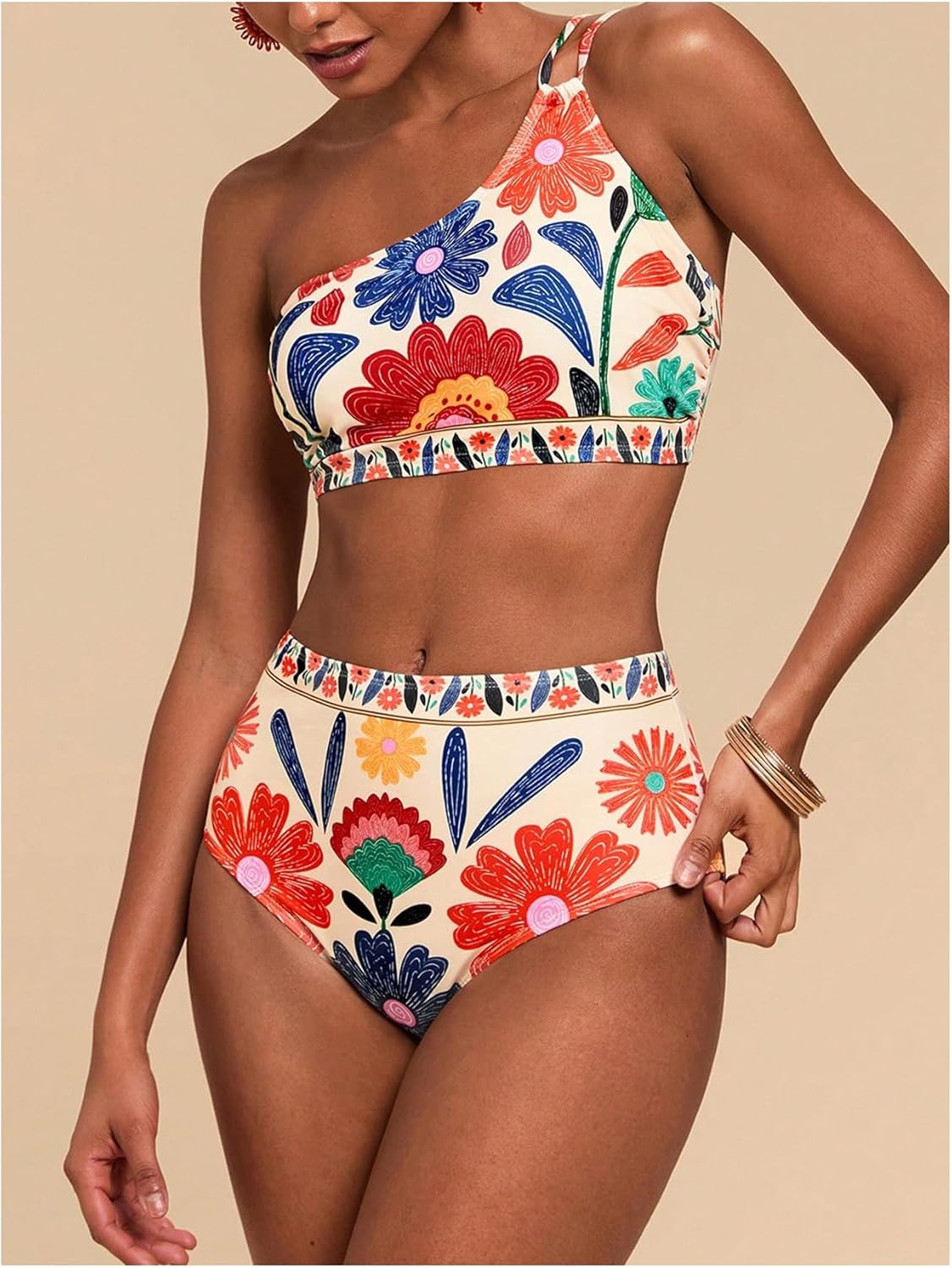 MakeMeChic Women's High Waisted Bikini Set Floral One Shoulder Boho Swimwear Bathing Suit Swimsuit - Image 7