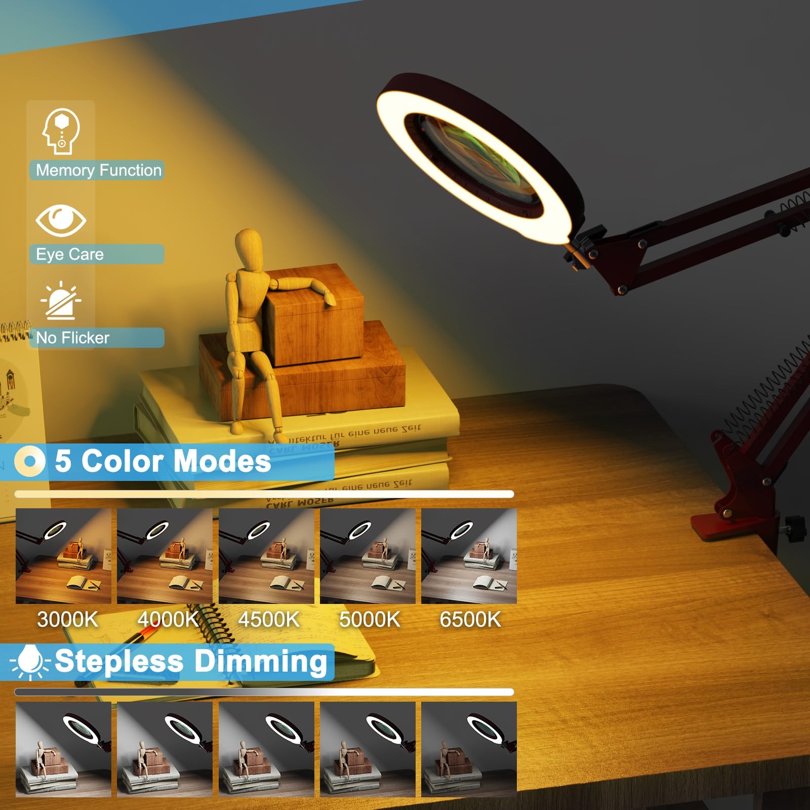 Lupa de 10 aumentos con luz y abrazadera, soporte de cristal real, lupa iluminada, 5 modos de color, lámpara de escritorio LED regulable, manos libres, para manualidades, pasatiempos, lectura, pintura