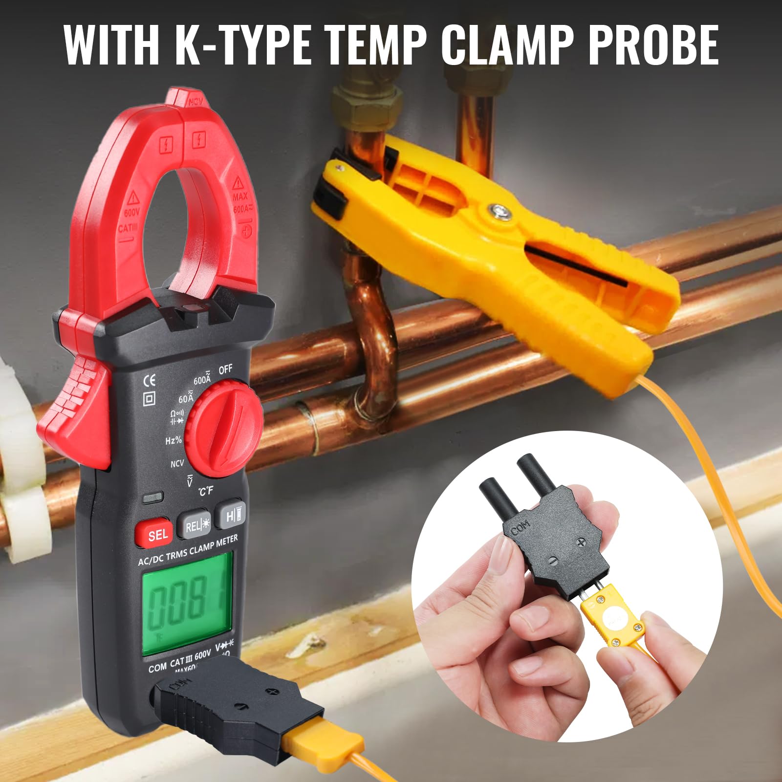 TEKCOPLUS Pince multimètre numérique AC/DC testeur de courant et de tension avec sélection automatique de la plage, température, capacité, fréquence, diode et passage, tension sans contact