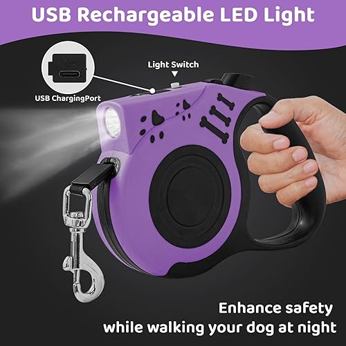 Miniatura 3 de Correa retráctil para perro con linterna recargable USB para paseos nocturnos, correa telescópica automática de 16 pies para perros pequeños y