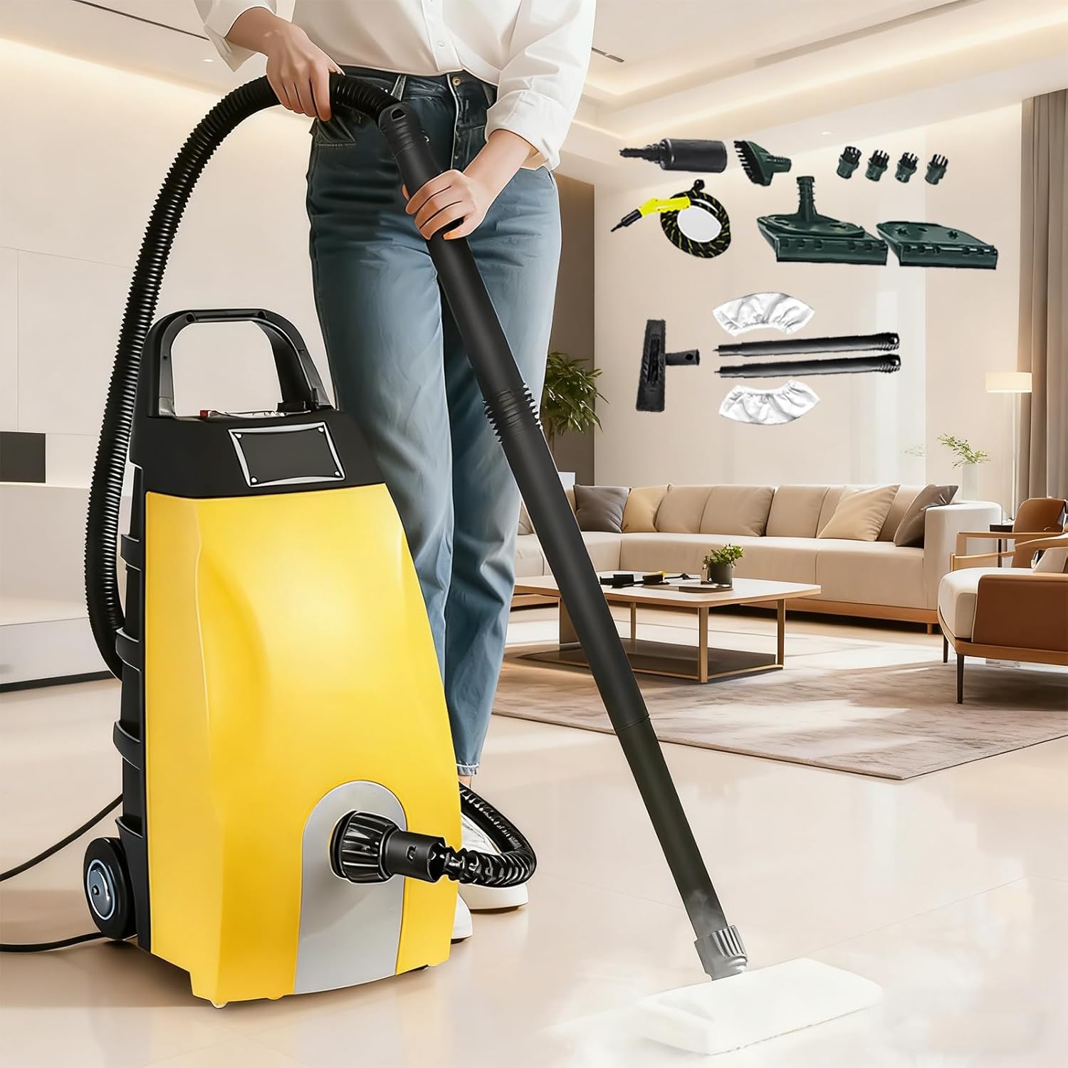 3000W High Pressure Steam Cleaner with 3.5L Water Tank, 40-Second Heat Up, Heavy-Duty Portable Steam Washer with Multiple Accessories for Home, Auto, and Commercial Use Yellow + Mop