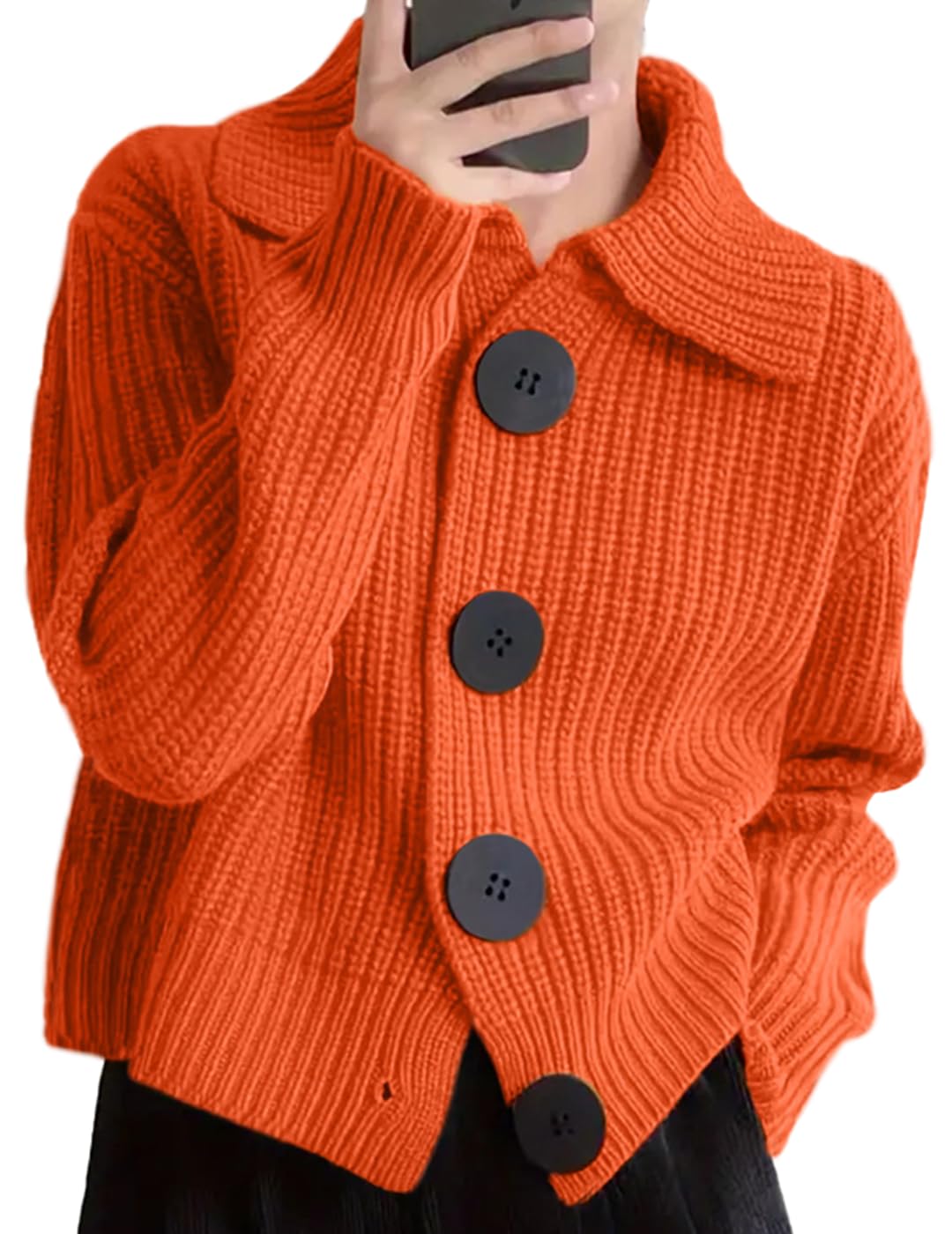 Women Open Front Knit Sweater Long Sleeve Cardigan Sweater Casual Loose Button Lapel Cardigan Coat