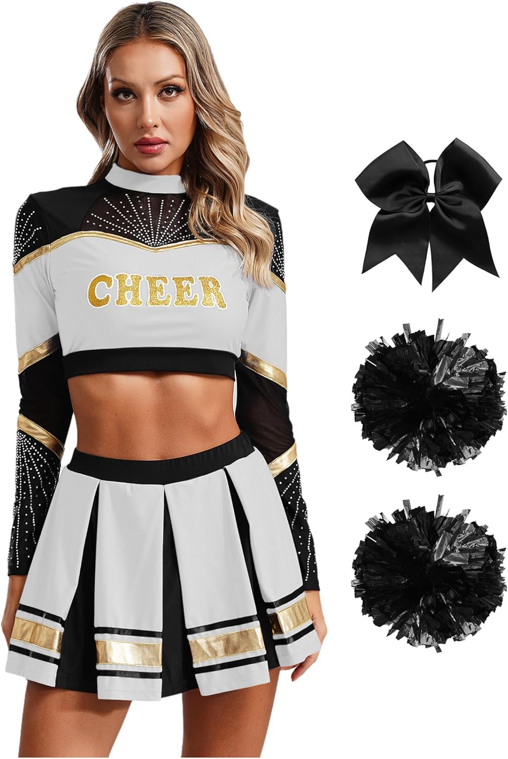 Women's Cheerleading Performance Dance Outfit Mock Neck Rhinestones Crop Top Skirt Set White X-Large