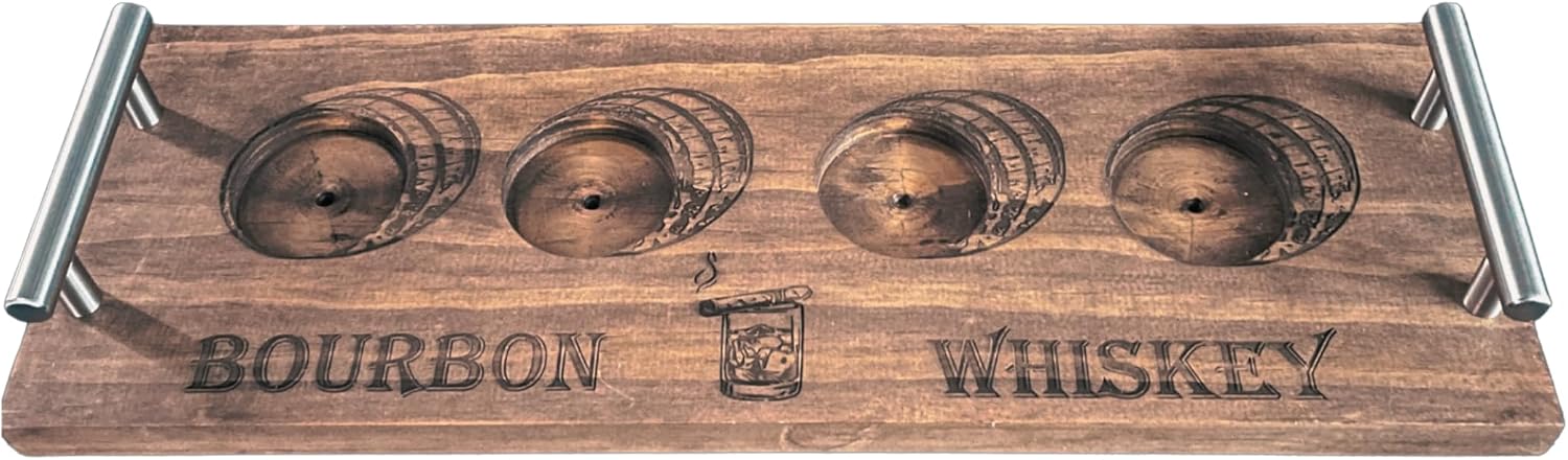 Rustic Bourbon Whiskey Flight Board with 4 Glass Holders, 16 x 5.5 inches, Rustic Pine Wood, Stainless Steel Handles