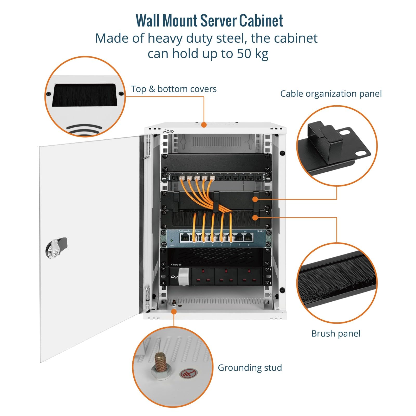 Tecmojo 10 Pulgadas 9U Gabinete de Red, 330mm de Profundidad, con Estante para Rack, Paneles de Cepillos, Organizador de Cables, 50kg, Puerta de Cristal, Blanco