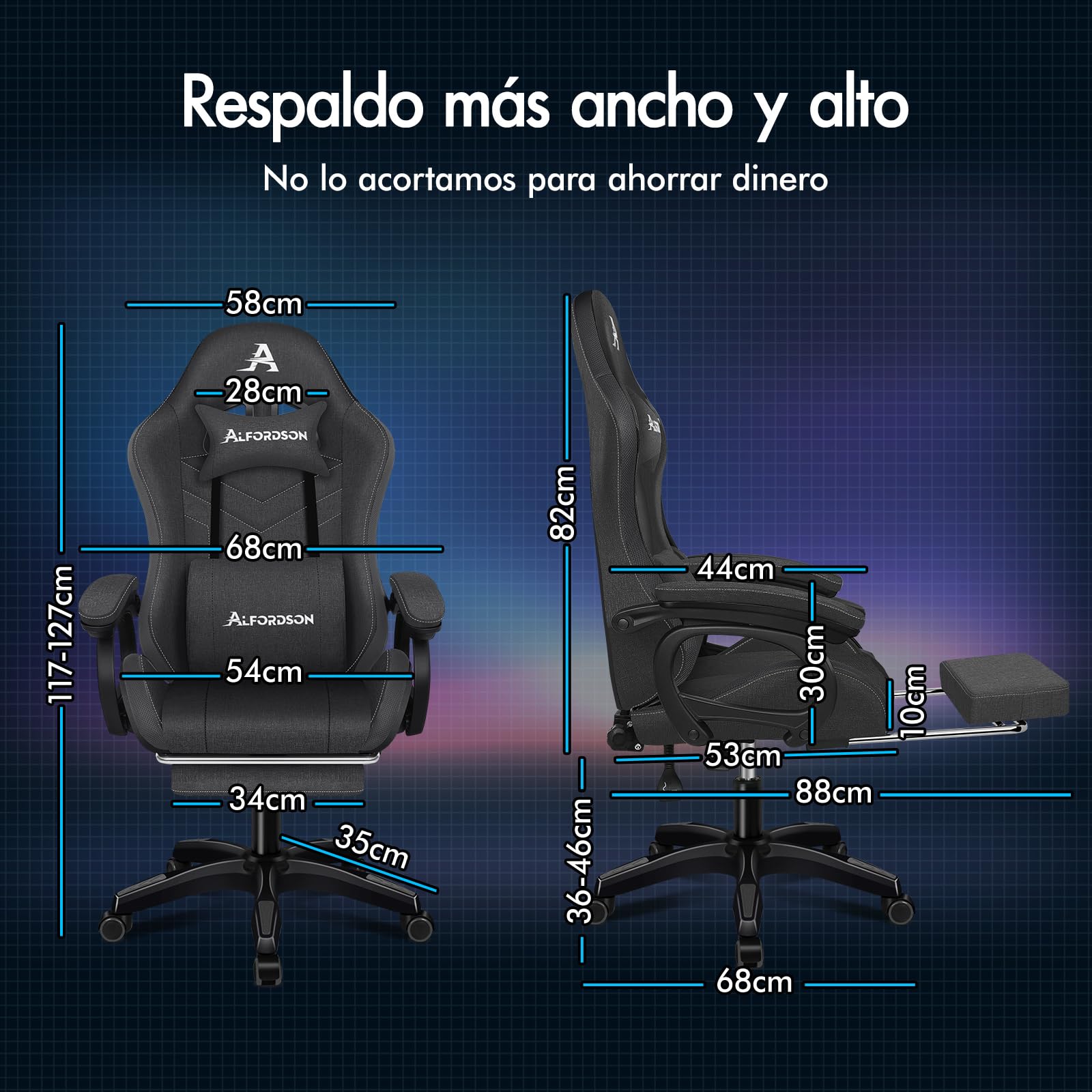 ALFORDSON Silla Gaming con Masaje y LED, Silla Gamer Ergonómica con Cojín Lumbar y Cervical, Reposapiés Telescópico, Iluminación para Ordenador, Videojuego, Juegos, Oficina, Lino(Gris Oscura)