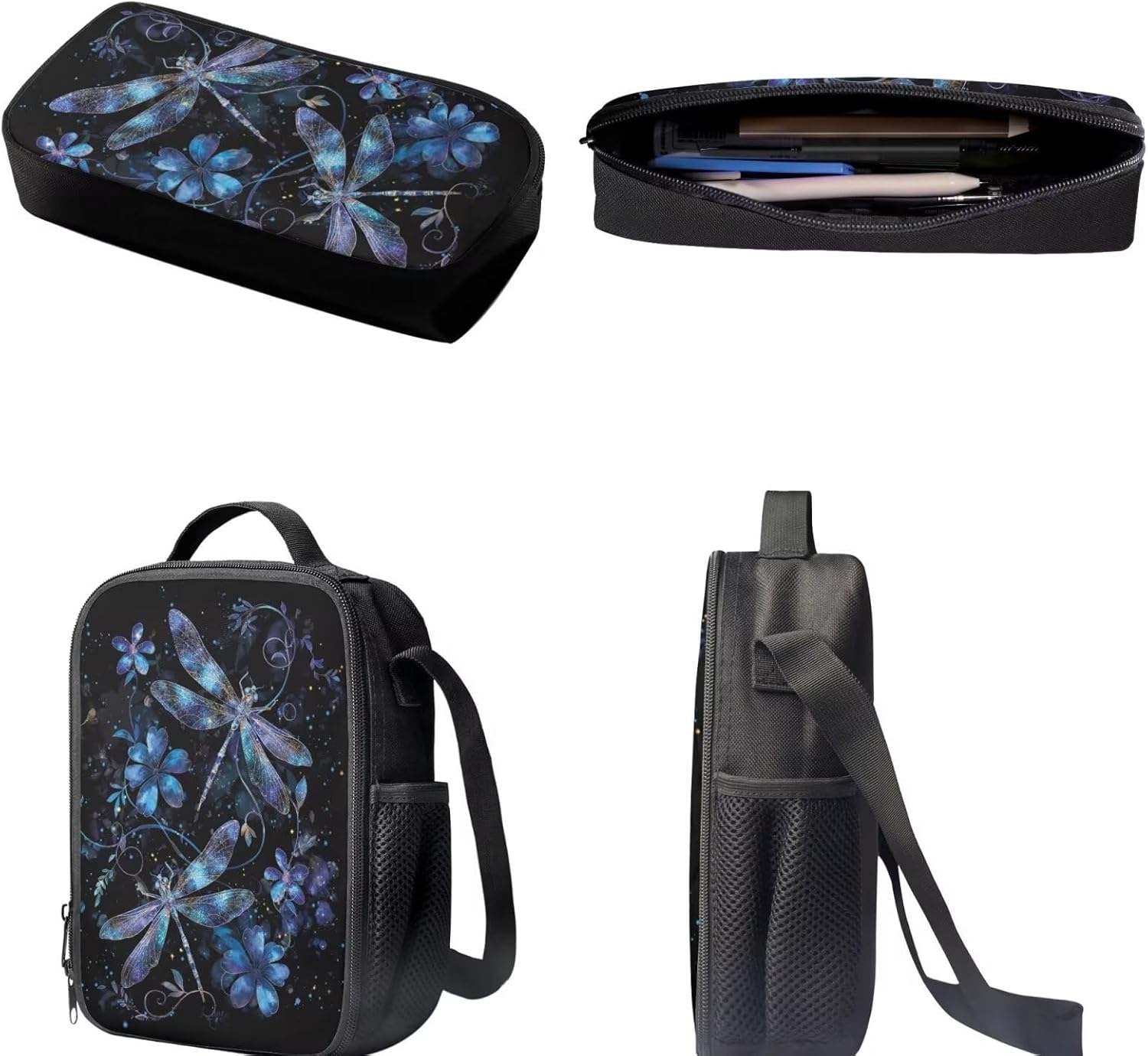 3PCS Dragonfly Flower Print Travel Backpack Set, 17 Inch Green Laptop Bookbag Bookbags + Insulated Lunch Bag + Pencil Case for Girls Boys