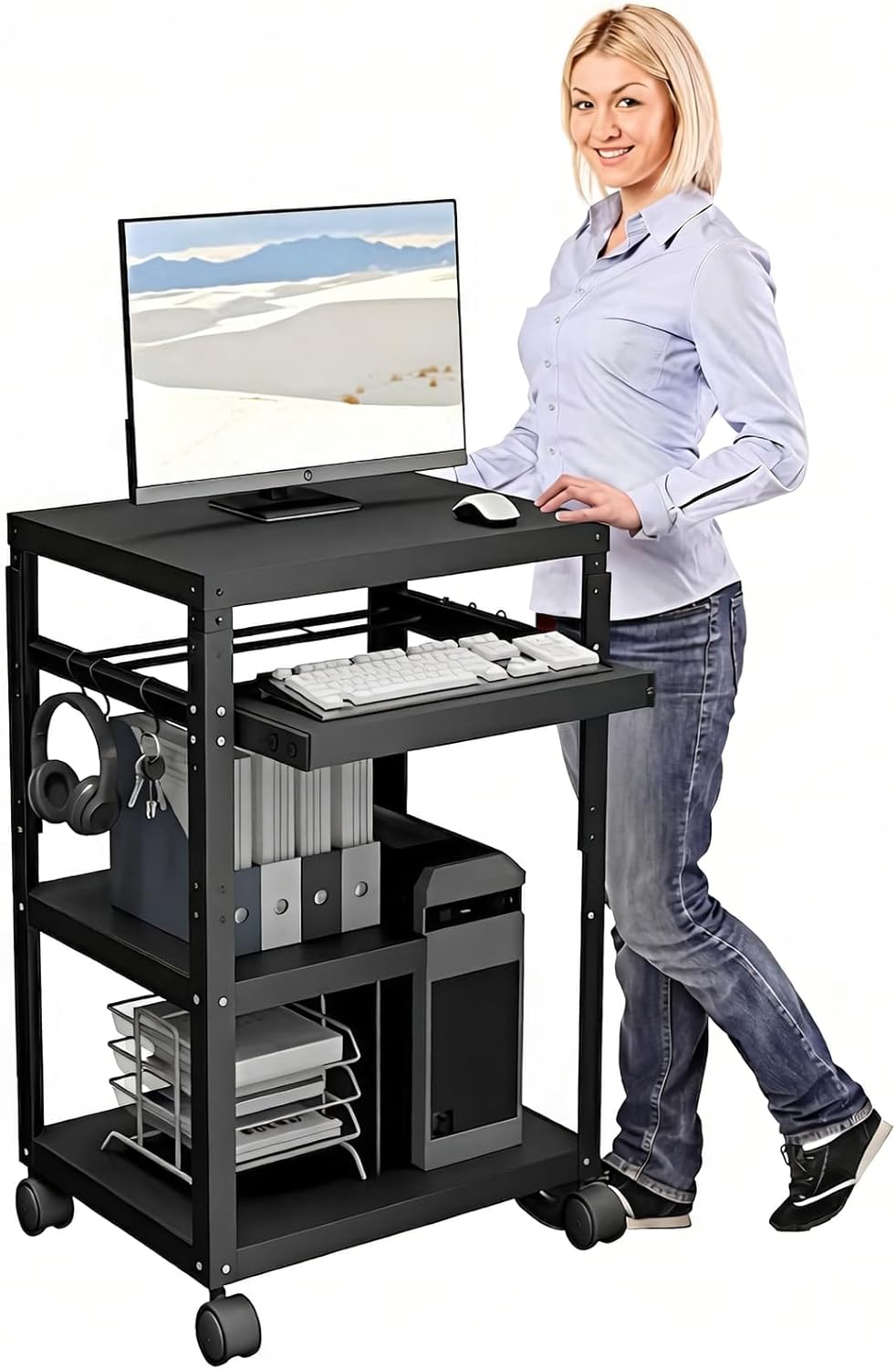 tonchean AV Presentation Cart with Keyboard Tray for Video Projector Computer Printers,AV Cart with Adjustable Shelves,6 Hooks,4 Wheels, Prtitioned Shelves,Computer Cart for Classroom Office Warehouse